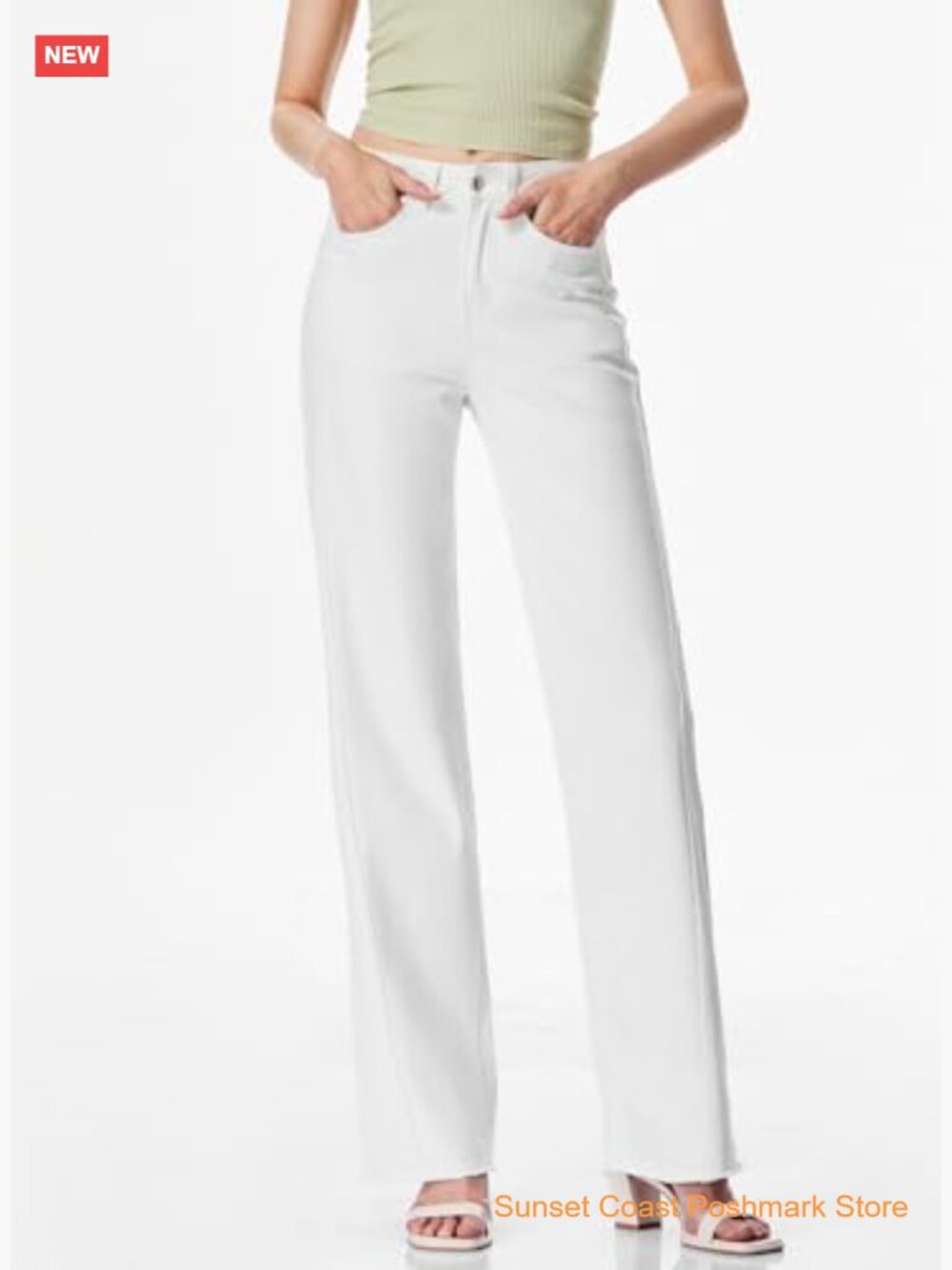 High Waisted Wide Leg Jeans with Raw Hem Stretchy Denim Pants - Picture 5 of 7